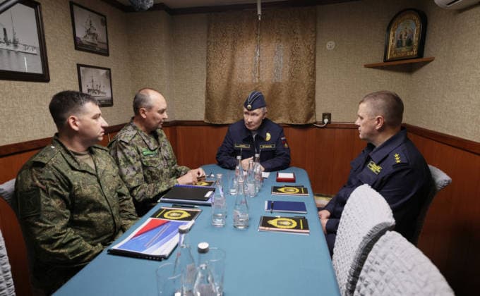 August 13, 2026, Korsakov, Sakhalin Oblast, Russia: Russian President Vladimir Putin, chairs a meeting on border security for the Far East, aboard the Russian Navy Slava-class missile cruiser RF Varyag, August 13, 2026 off the coast of Sakhalin Island, Russia. Sitting from left: Sakhalin Region FSB Border Guard Service Head Sergey Makhorin, 68th Guards Army Corps Acting Commander Alexey Shvedov, Putin, and Pacific Fleet Commander-in-Chief Admiral Viktor Liina. Korsakov Russia - ZUMAp138 20260813_zaa_p138_007 Copyright: xGavriilxGrigorov RussianxGovernmx