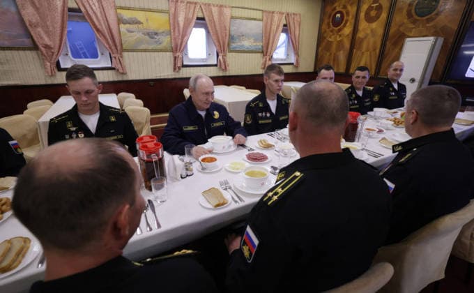 August 13, 2026, Korsakov, Sakhalin Oblast, Russia: Russian President Vladimir Putin, center, joins naval officers for lunch aboard the Russian Navy Slava-class missile cruiser RF Varyag, August 12, 2026 in Korsakov, Sakhalin Oblast, Russia. Putin is visiting the remote island in the Russian Far East to view the Pacific Fleet naval exercises. Korsakov Russia - ZUMAp138 20260813_zaa_p138_012 Copyright: xGavriilxGrigorov RussianxGovernmx