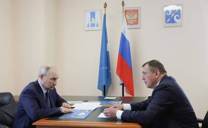 August 13, 2026, Kurilsk, Sakhalin Oblast, Russia: Russian President Vladimir Putin, listens to Sakhalin Region Governor Valery Limarenko deliver his report during a working meeting, August 13, 2026 in Kurilsk, Sakhalin Oblast, Russia. Kurilsk Russia - ZUMAp138 20260813_zaa_p138_018 Copyright: xGavriilxGrigorov RussianxGovernmx