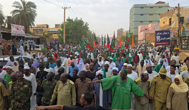 Traditional Prophet s Procession in Sudan KHARTOUM, SUDAN - AUGUST 13: People take part in Prophet s Procession march, which was held ahead of the anniversary of the Prophet Muhammad s birth, one of the country s deep-rooted traditions, in Khartoum, Sudan on August 13, 2026. Sufi groups performed devotional chants and hymns during the procession. Nezar Abdallah Basheer Anadolu Khartoum Sudan. Editorial use only. Please get in touch for any other usage.  Copyright: x2026xAnadoluxNezarxAbdallahxBasheerx