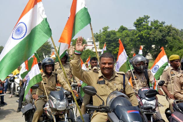 RECORD DATE NOT STATED GHAZIABAD, INDIA - AUGUST 13: Ghaziabad Police personnel during a Tiranga bike rally was organised by the district administration along with Civil Defence and Uttar Pradesh Police as part of the nationwide Har Ghar Tiranga campaign ahead of 80th Independence Day on August 13, 2026 in Ghaziabad, India. (Photo by Sakib Ali Hindustan Times) Ghaziabad Police Personnel Take Out Tiranga Bike Rally Ahead Of Independence Day