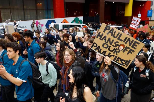 Students Protest Against One Nation in Melbourne, Australia – 13 Aug 2026 A protester holds a placard during the rally. Thousands of university and high school students marched through Melbourne’s CBD as part of a nationwide student protest against Pauline Hanson and One Nation. Organisers said the action was aimed at opposing the party’s policies and political views and raising concerns about the growing support for One Nation. The protest comes as One Nation campaigns in Victoria ahead of the 2026 Victorian state election, with Hanson leading the party’s campaign. Melbourne Australia Copyright: xYexMyoxKhantx xSOPAxImagesx Ye-Myo-Khant-1441848