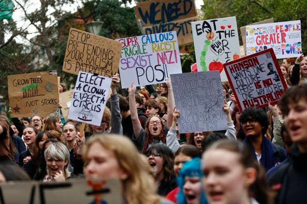 Students Protest Against One Nation in Melbourne, Australia – 13 Aug 2026 A Protester shouts slogans during the rally. Thousands of university and high school students marched through Melbourne’s CBD as part of a nationwide student protest against Pauline Hanson and One Nation. Organisers said the action was aimed at opposing the party’s policies and political views and raising concerns about the growing support for One Nation. The protest comes as One Nation campaigns in Victoria ahead of the 2026 Victorian state election, with Hanson leading the party’s campaign. Melbourne Australia Copyright: xYexMyoxKhantx xSOPAxImagesx Ye-Myo-Khant-1441832