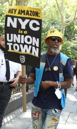 August 13, 2026, New York, New York, USA: Amazon Teamsters and Allies picket outside of City Hall for passage of the Delivery Protection Act. The Delivery Protection Act would require companies like Amazon to hire its workforce directly, essentially making AmazonÃ¢â‚¬â ¢s corrupt third-party Delivery Service Partner model illegal in New York City. New York USA  - ZUMAk03_ 20260813_zaf_k03_052 Copyright: xNancyxKaszermanx