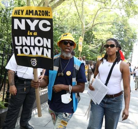 August 13, 2026, New York, New York, USA: Amazon Teamsters and Allies picket outside of City Hall for passage of the Delivery Protection Act. The Delivery Protection Act would require companies like Amazon to hire its workforce directly, essentially making AmazonÃ¢â‚¬â ¢s corrupt third-party Delivery Service Partner model illegal in New York City. New York USA  - ZUMAk03_ 20260813_zaf_k03_053 Copyright: xNancyxKaszermanx