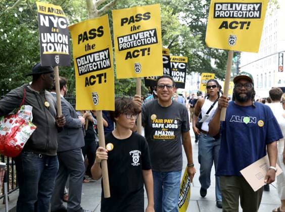 August 13, 2026, New York, New York, USA: Amazon Teamsters and Allies picket outside of City Hall for passage of the Delivery Protection Act. The Delivery Protection Act would require companies like Amazon to hire its workforce directly, essentially making AmazonÃ¢â‚¬â ¢s corrupt third-party Delivery Service Partner model illegal in New York City. New York USA  - ZUMAk03_ 20260813_zaf_k03_070 Copyright: xNancyxKaszermanx