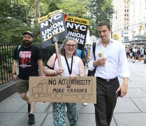 August 13, 2026, New York, New York, USA: Amazon Teamsters and Allies picket outside of City Hall for passage of the Delivery Protection Act. The Delivery Protection Act would require companies like Amazon to hire its workforce directly, essentially making AmazonÃ¢â‚¬â ¢s corrupt third-party Delivery Service Partner model illegal in New York City. New York USA  - ZUMAk03_ 20260813_zaf_k03_071 Copyright: xNancyxKaszermanx