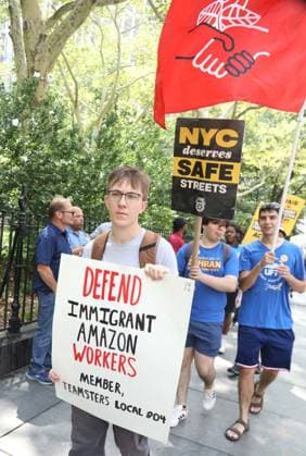 August 13, 2026, New York, New York, USA: Amazon Teamsters and Allies picket outside of City Hall for passage of the Delivery Protection Act. The Delivery Protection Act would require companies like Amazon to hire its workforce directly, essentially making AmazonÃ¢â‚¬â ¢s corrupt third-party Delivery Service Partner model illegal in New York City. New York USA - ZUMAk03_ 20260813_zaf_k03_059 Copyright: xNancyxKaszermanx