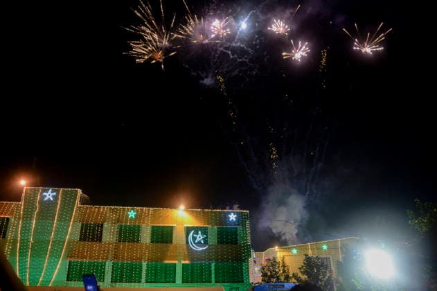 Pakistan Independence Day Celebrations Rawalpindi Fireworks burst above buildings decorated with lights during Independence Day celebrations in Rawalpindi, Pakistan, on August 14, 2026. Pakistan marks Independence Day on August 14, commemorating the countryis independence from British rule in 1947. Rawalpindi Punjab Pakistan Copyright: xZubairxAbbasix