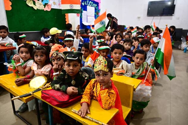 August 14, 2026, Prayagraj, Uttar Pradesh, India: Prayagraj: Children dressed as freedom fighter attend a class at a school ahead of the 80th Independence Day celebrations, in Prayagraj on Friday, August 14, 2026. Prayagraj India  - ZUMAv115 20260814_zap_v115_001 Copyright: xPrabhatxKumarxVermax