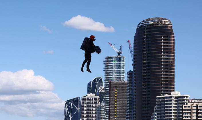 PACIFIC AIRSHOW, Performers in Gravity jet suits are seen during The Pacific Airshow Gold Coast in Surfers Paradise, Queensland, Friday, August 14, 2026. ( NO ARCHIVING Surfers Paradise Queensland AUSTRALIA  Copyright: xx 20260814161801921822