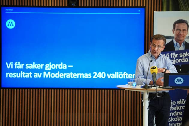 STOCKHOLM, SVERIGE 20260814 Moderaternas partiledare Ulf Kristersson (M), under en pressträff där han redovisar resultatet av Moderaternas vallöften för denna mandatperiod och vilka effekter det har fatt för Sverige. STOCKHOLM SVERIGE x10658x *** STOCKHOLM, SWEDEN 20260814 Moderate Party leader Ulf Kristersson (M) during a press conference where he presents the results of the Moderate Party’s campaign promises for this term and the impact they have had on Sweden STOCKHOLM SWEDEN x10658x  Copyright: xMagnusxLejhall TTx PRESSTRÄFF MODERATERNA OM VALLÖFTEN sWBvUq8JyLQ