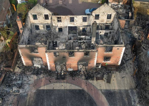 August 14, 2026, Stourbridge, West Midlands, UK: Stourbridge, UK. Damaged caused to homes in the Stourbridge area of Birmingham, West Midlands, after fires broke out yesterday afternoon in record temperatures. The UK experienced its hottest day of the year on Thursday, with a peak of 38.1 degrees celsius recorded at Kew Gardens. Stourbridge UK  - ZUMAl94_ 20260814_zaf_l94_002 Copyright: xIoannisxAlexopoulosx