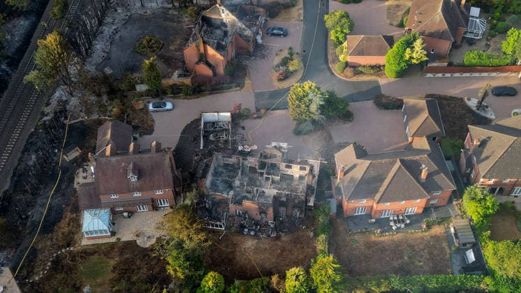 August 14, 2026, Stourbridge, West Midlands, UK: Stourbridge, UK. Damaged caused to homes in the Stourbridge area of Birmingham, West Midlands, after fires broke out yesterday afternoon in record temperatures. The UK experienced its hottest day of the year on Thursday, with a peak of 38.1 degrees celsius recorded at Kew Gardens. Stourbridge UK  - ZUMAl94_ 20260814_zaf_l94_006 Copyright: xIoannisxAlexopoulosx