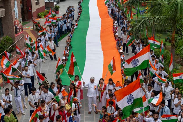 August 14, 2026, New Delhi, Delhi, India: Students and teachers take part in a Tiranga Yatra as a Delhi school celebrates IndiaÃ¢â‚¬â ¢s 80th Independence Day in New Delhi. Students carry a 100 foot long Indian national flag during the procession, promoting a message of unity, solidarity and national pride. New Delhi India - ZUMAt180 20260814_zip_t180_003 Copyright: xJaixThakurx