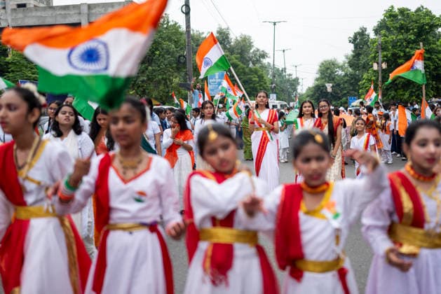 August 14, 2026, New Delhi, Delhi, India: Students and teachers take part in a Tiranga Yatra as a Delhi school celebrates IndiaÃ¢â‚¬â ¢s 80th Independence Day in New Delhi. Students carry a 100 foot long Indian national flag during the procession, promoting a message of unity, solidarity and national pride. New Delhi India  - ZUMAt180 20260814_zip_t180_011 Copyright: xJaixThakurx