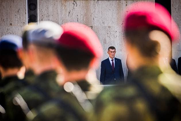 Czech Prime Minister Andrej Babis (ANO), centre, and Czech Defence Minister Jaromir Zuna (for SPD) attend ceremonial military oath of participants in Military Academy basic course (pictured) in Vyskov, Czech Republic, August 14, 2026. (CTKxPhoto PatrikxUhlir) CTKPhotoP2026081403485  CTKPhotoP2026081403485