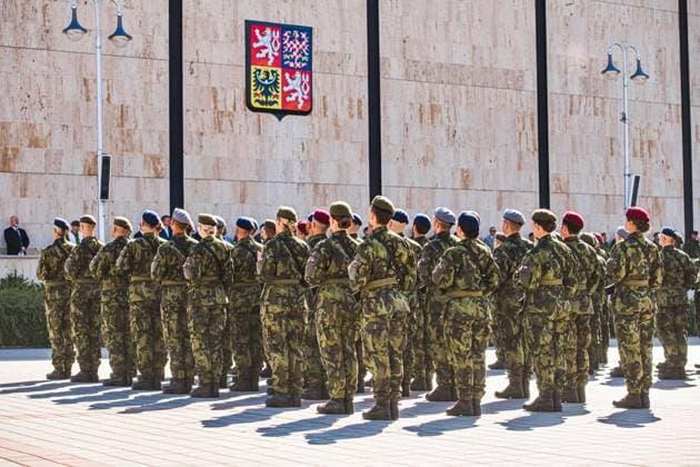 Czech Prime Minister Andrej Babis (ANO) and Czech Defence Minister Jaromir Zuna (for SPD) attend ceremonial military oath of participants in Military Academy basic course (pictured) in Vyskov, Czech Republic, August 14, 2026. (CTKxPhoto PatrikxUhlir) CTKPhotoP2026081403502  CTKPhotoP2026081403502