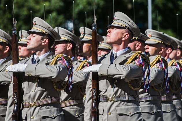Czech Prime Minister Andrej Babis (ANO) and Czech Defence Minister Jaromir Zuna (for SPD) attend ceremonial military oath of participants in Military Academy basic course (pictured) in Vyskov, Czech Republic, August 14, 2026. (CTKxPhoto PatrikxUhlir) CTKPhotoP2026081403573  CTKPhotoP2026081403573