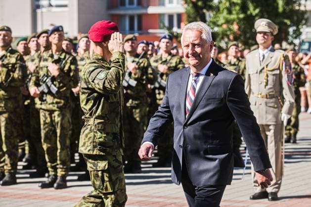 Czech Prime Minister Andrej Babis (ANO) and Czech Defence Minister Jaromir Zuna (for SPD), pictured, attend ceremonial military oath of participants in Military Academy basic course (pictured) in Vyskov, Czech Republic, August 14, 2026. (CTKxPhoto PatrikxUhlir) CTKPhotoP2026081403584  CTKPhotoP2026081403584
