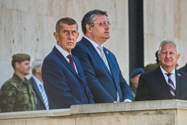 Czech Prime Minister Andrej Babis (ANO), 2nd left, and Czech Defence Minister Jaromir Zuna (for SPD), right, attend ceremonial military oath of participants in Military Academy basic course (pictured) in Vyskov, Czech Republic, August 14, 2026. (CTKxPhoto PatrikxUhlir) CTKPhotoP2026081403603  CTKPhotoP2026081403603
