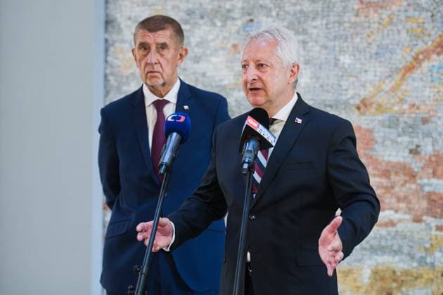 From left Czech Prime Minister Andrej Babis (ANO) and Czech Defence Minister Jaromir Zuna (for SPD), attend ceremonial military oath of participants in Military Academy basic course (pictured) in Vyskov, Czech Republic, August 14, 2026. (CTKxPhoto PatrikxUhlir) CTKPhotoP2026081403801  CTKPhotoP2026081403801