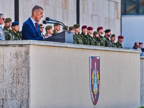 Czech Prime Minister Andrej Babis (ANO), pictured, and Czech Defence Minister Jaromir Zuna (for SPD), attend ceremonial military oath of participants in Military Academy basic course in Vyskov, Czech Republic, August 14, 2026. (CTKxPhoto PatrikxUhlir) CTKPhotoP2026081403847  CTKPhotoP2026081403847