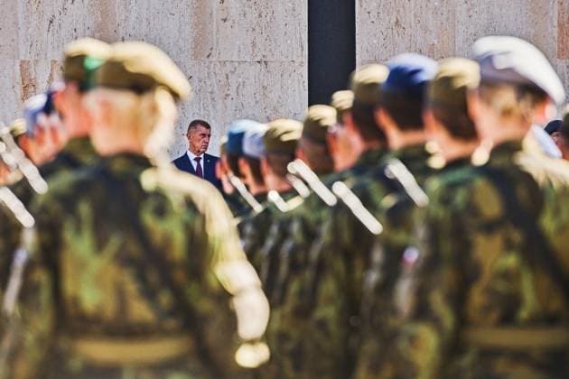 Czech Prime Minister Andrej Babis (ANO), pictured, and Czech Defence Minister Jaromir Zuna (for SPD), attend ceremonial military oath of participants in Military Academy basic course (pictured) in Vyskov, Czech Republic, August 14, 2026. (CTKxPhoto PatrikxUhlir) CTKPhotoP2026081403965  CTKPhotoP2026081403965
