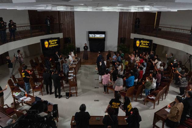 August 14, 2026, Manila, Metro Manila, Philippines: The Philippine Truth Commission, composed of human rights workers and clergy people, hosts its first public truth-telling session, this morning of August 14 in the Pope Pius XII Center in Manila. The commission discussed the case of Raymart Siapo, a 19 year victim of the former Duterte AdministrationÃ¢â‚¬â ¢s Ã¢â‚¬ËœWar on Drugs. According to Luzviminda Siapo, the mother of Raymart who spoke before the commission, his son was abducted and killed by 14 unidentified individuals. Manila Philippines - ZUMAp220 20260814_zip_p220_020 Copyright: xCharlesxPerezx