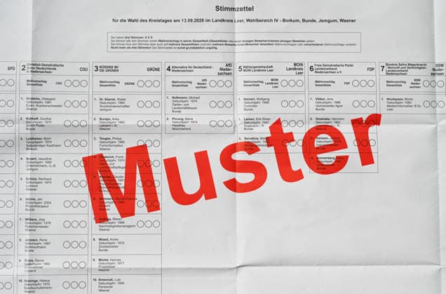 Landkreis Leer muss 27.500 Stimmzettel neu drucken Blick auf den fehlerhaften Stimmzettel. Ankreuzfelder fehlen bei vier Kandidaten für die Wahl des Kreistags. Leer Niedersachsen Deutschland *** Leer District Must Reprint 27,500 Ballots: A Look at the Faulty Ballot—Checkboxes Missing for Four Candidates in the Leer District Council Election, Lower Saxony, Germany Copyright: xdiebildwerftx