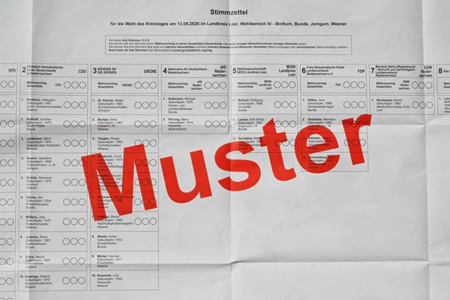 Landkreis Leer muss 27.500 Stimmzettel neu drucken Blick auf den fehlerhaften Stimmzettel. Ankreuzfelder fehlen bei vier Kandidaten für die Wahl des Kreistags. Leer Niedersachsen Deutschland *** Leer District Must Reprint 27,500 Ballots: A Look at the Faulty Ballot—Checkboxes Missing for Four Candidates in the Leer District Council Election, Lower Saxony, Germany Copyright: xdiebildwerftx
