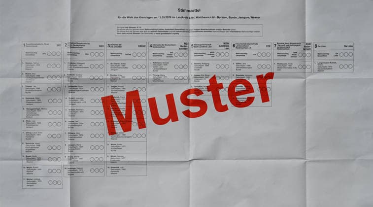 Landkreis Leer muss 27.500 Stimmzettel neu drucken Blick auf den fehlerhaften Stimmzettel. Ankreuzfelder fehlen bei vier Kandidaten für die Wahl des Kreistags. Leer Niedersachsen Deutschland *** Leer District Must Reprint 27,500 Ballots: A Look at the Faulty Ballot—Checkboxes Missing for Four Candidates in the Leer District Council Election, Lower Saxony, Germany Copyright: xdiebildwerftx