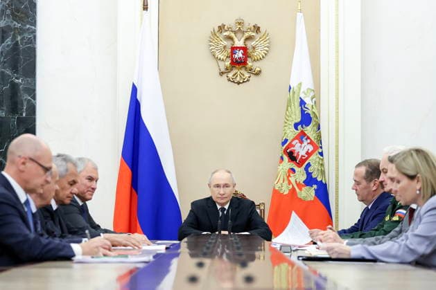 RUSSIA, MOSCOW - AUGUST 14, 2026: Russia s President Vladimir Putin (C) is seen during a meeting of standing members of Russia s Security Council in the Kremlin. Alexander Kazakov Russian Presidential Press and Information Office TASS  96139773