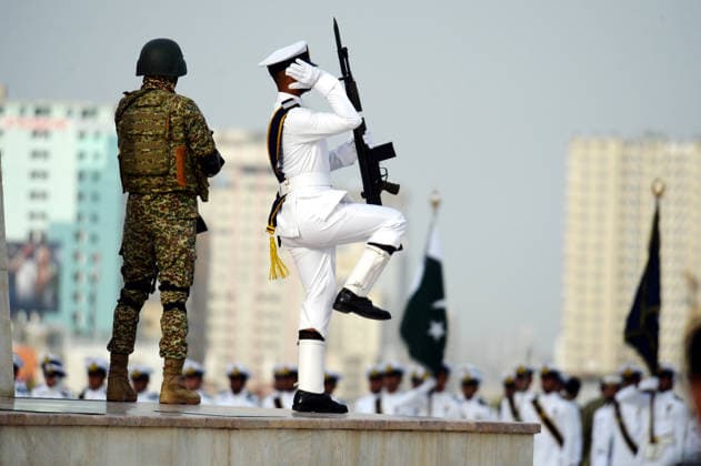 (260814) -- KARACHI, Aug. 14, 2026 -- Pakistani military personnel stand guard during a ceremony to celebrate Pakistan s Independence Day in the southern Pakistani port city of Karachi on Aug. 14, 2026. (Str Xinhua) PAKISTAN-KARACHI-INDEPENDENCE DAY-CELEBRATIONS AhmadxKamal 