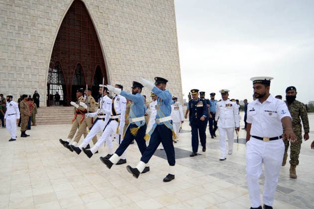 (260814) -- KARACHI, Aug. 14, 2026 -- Pakistani military personnel attend a ceremony to celebrate Pakistan s Independence Day in the southern Pakistani port city of Karachi on Aug. 14, 2026. (Str Xinhua) PAKISTAN-KARACHI-INDEPENDENCE DAY-CELEBRATIONS AhmadxKamal 
