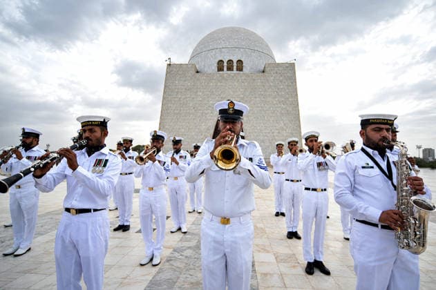 (260814) -- KARACHI, Aug. 14, 2026 -- Pakistani military personnel attend a ceremony to celebrate Pakistan s Independence Day in the southern Pakistani port city of Karachi on Aug. 14, 2026. (Str Xinhua) PAKISTAN-KARACHI-INDEPENDENCE DAY-CELEBRATIONS AhmadxKamal 