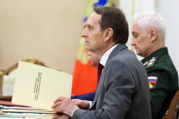Russia Putin Security Council 9221906 14.08.2026 Russian Foreign Intelligence Service Director Sergei Naryshkin, left, and Defence Minister Andrei Belousov attend a meeting of President Vladimir Putin with members of the Security Council at the Kremlin in Moscow, Russia. Alexander Kazakov Sputnik Moscow Russia  Copyright: xAlexanderxKazakovx