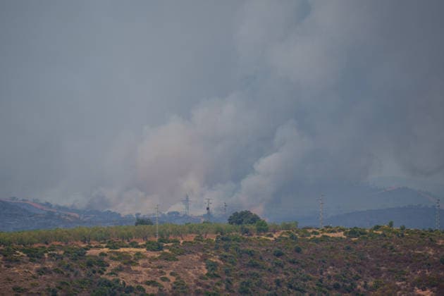 Aznalcóllar Watches with Fear as the Niebla Fire Spreads Images of the Niebla fire spreading in the municipality of Aznalcóllar August 14, 2026, in Aznalcóllar, Seville, Andalusia, Spain The Niebla fire in Huelva, which has been burning since August 6 and has affected more than 31,000 hectares, has entered the municipality of Aznalcóllar, Seville, via the Charcofrío area. This Friday, the situation worsened in the area; the fire crossed the road toward El Álamo and reached El Campillo and Madronalejo. August 14, 2026. Francisco J. Aznalcollar, Seville, Andalusia; Aznalcóllar, Seville, Andalusia, Spain  Copyright: xFranciscoxJ.xOlmox 7714161