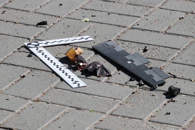 RUSSIA, ZAPOROZHYE REGION - AUGUST 14, 2026: Drone fragments at the scene of a Ukrainian attack involving Hornet drones in Melitopol Russia  - ZUMAt113 20260814_zaa_t113_146 Copyright: xAlexanderxPolegenkox
