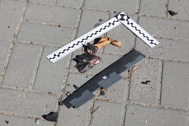 RUSSIA, ZAPOROZHYE REGION - AUGUST 14, 2026: Drone fragments at the scene of a Ukrainian attack involving Hornet drones in Melitopol Russia  - ZUMAt113 20260814_zaa_t113_147 Copyright: xAlexanderxPolegenkox