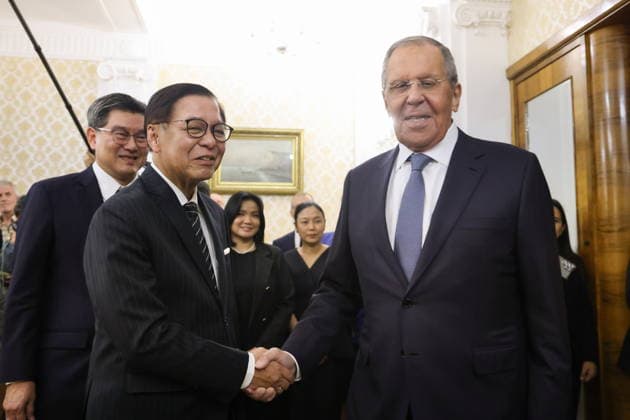 RUSSIA, MOSCOW - AUGUST 14, 2026: A meeting takes place between Sihasak Phuangketkeow, Foreign Minister of Thailand, and his counterpart Sergei Lavrov (L-R front) of Russia. Vladimir Gerdo TASS  96143139