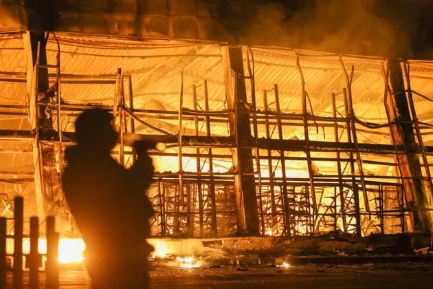 RUSSIA, DONETSK PEOPLE S REPUBLIC - AUGUST 14, 2026: A fire breaks out after a Ukrainian drone strike on the Galaktika Galaxy shopping centre in Yenakiyevo, northeast of Donetsk. Dmitry Yagodkin TASS  96146263