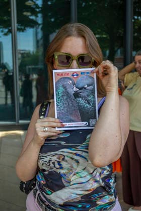 Protest Against TfL Pigeon Shooting Stratford, London, August 14, 2026 Animal rights activists and supporters gathered outside Transport for London™s headquarters in Stratford to protest against the shooting of pigeons at TfL sites. Demonstrators criticised the practice, which campaigners say is used to control pigeon numbers across London™s transport network, and called for non-lethal alternatives to be used instead., Credit:Zak Irfan Avalon  Copyright: xZakxIrfanx xAvalonx 1123029367