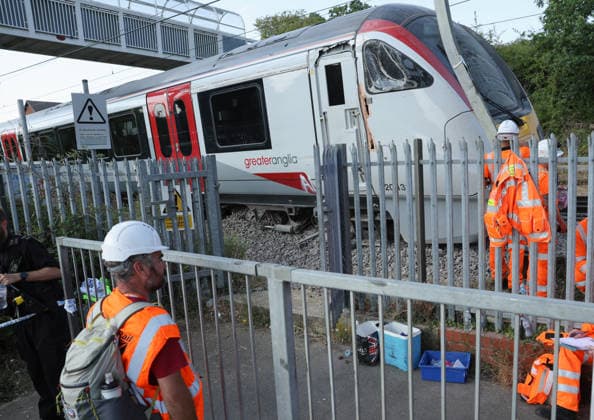 Another train derails in UK day after East Sussex incident injured 20 WICKFORD, UNITED KINGDOM - AUGUST 14: Emergency services and rail investigation teams attend the scene following a train derailment near Wickford railway station in Essex, United Kingdom, on August 14, 2026. The rear carriages of a Greater Anglia passenger train derailed in an upright position, causing significant travel disruption and line closures between London Liverpool Street and Southend Victoria, with no injuries reported in the incident. Jacqueline Lawrie Anadolu Essex United Kingdom. Editorial use only. Please get in touch for any other usage.  Copyright: x2026xAnadoluxJacquelinexLawriex