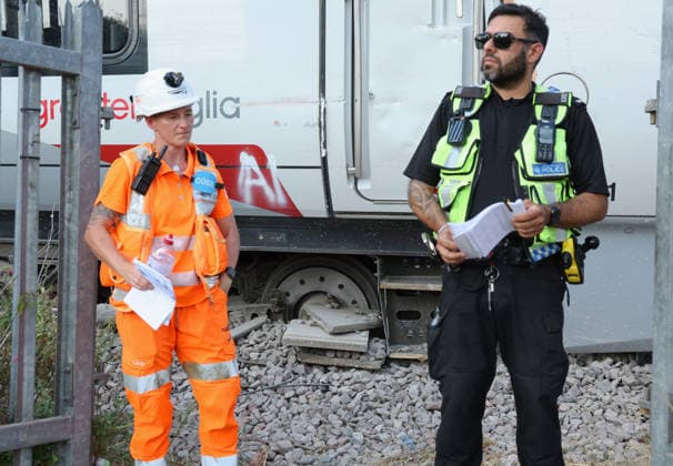 Another train derails in UK day after East Sussex incident injured 20 WICKFORD, UNITED KINGDOM - AUGUST 14: Emergency services and rail investigation teams attend the scene following a train derailment near Wickford railway station in Essex, United Kingdom, on August 14, 2026. The rear carriages of a Greater Anglia passenger train derailed in an upright position, causing significant travel disruption and line closures between London Liverpool Street and Southend Victoria, with no injuries reported in the incident. Jacqueline Lawrie Anadolu Essex United Kingdom. Editorial use only. Please get in touch for any other usage.  Copyright: x2026xAnadoluxJacquelinexLawriex