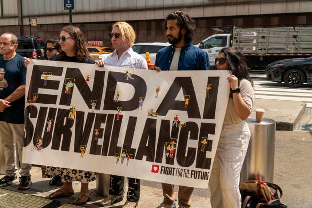 Rally against biometric surveillance Organized by Fight for the Future and other groups, advocates rally outside of Madison Square Garden in New York on Friday, August 14, 2026 to call for the termination of biometric surveillance in places of public accommodation such as Madison Square Garden. The Ban The Scan, Int. 213, introduced by Council Member Shahana Hanif will ban the use of biometric surveillance. (  RichardxB.xLevine