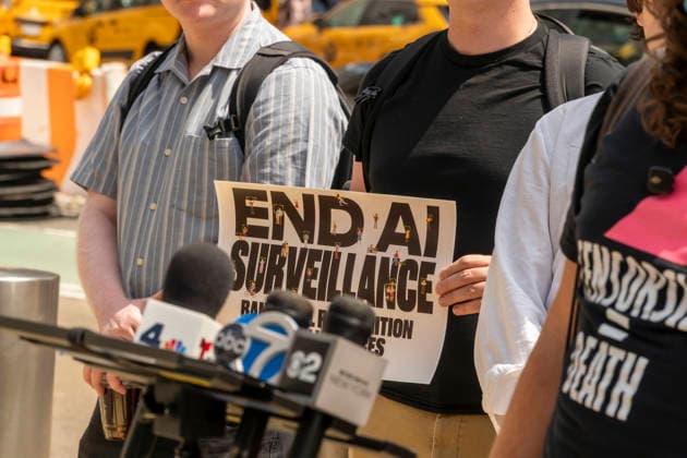Rally against biometric surveillance Organized by Fight for the Future and other groups, advocates rally outside of Madison Square Garden in New York on Friday, August 14, 2026 to call for the termination of biometric surveillance in places of public accommodation such as Madison Square Garden. The Ban The Scan, Int. 213, introduced by Council Member Shahana Hanif will ban the use of biometric surveillance. (  RichardxB.xLevine