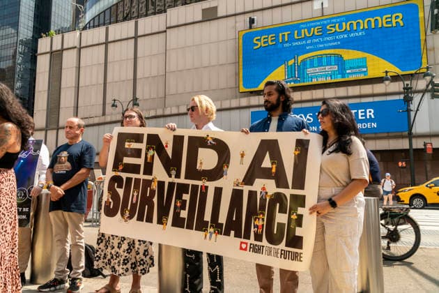 Rally against biometric surveillance Organized by Fight for the Future and other groups, advocates rally outside of Madison Square Garden in New York on Friday, August 14, 2026 to call for the termination of biometric surveillance in places of public accommodation such as Madison Square Garden. The Ban The Scan, Int. 213, introduced by Council Member Shahana Hanif will ban the use of biometric surveillance. (  RichardxB.xLevine