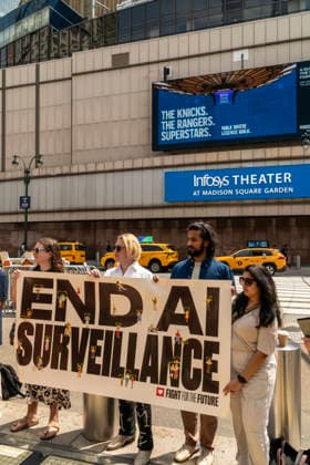 Rally against biometric surveillance Organized by Fight for the Future and other groups, advocates rally outside of Madison Square Garden in New York on Friday, August 14, 2026 to call for the termination of biometric surveillance in places of public accommodation such as Madison Square Garden. The Ban The Scan, Int. 213, introduced by Council Member Shahana Hanif will ban the use of biometric surveillance. (  RichardxB.xLevine