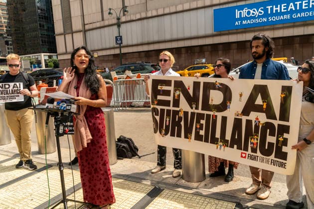 Rally against biometric surveillance NYC Council Member Shana Hanif, at podium, joins Fight for the Future and other advocates at a rally outside of Madison Square Garden in New York on Friday, August 14, 2026 to call for the termination of biometric surveillance in places of public accommodation such as Madison Square Garden. The Ban The Scan, Int. 213, introduced by Hanif will ban the use of biometric surveillance. (  RichardxB.xLevine
